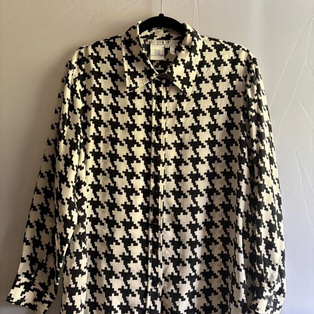 Piano Women's Preppy Black and White Houndstooth Silk Blouse Size 14
